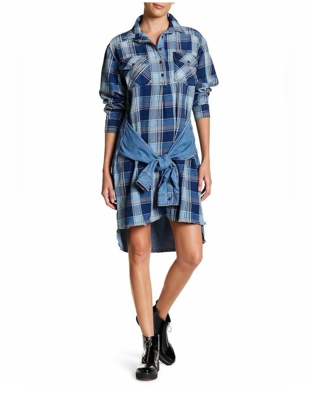 $278 CURRENT/ELLIOTT Twist Plaid Oversize Denim Jean Chambray Shirt Dress 0 XS S
